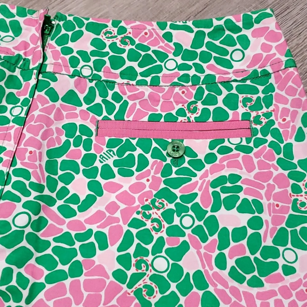 Vintage Lilly Pulitzer called dolphins mini skirt green pink women size 2